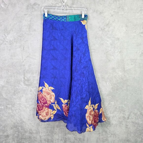 Womens Vintage Reversible Blue Indian 100% Silk Wrap Skirt Floral Print One Size - Picture 6 of 9